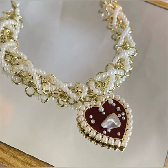 “Red Heart Sea of Pearls” Flake Shard Float Drift Love Romance Ocean Necklace - Picture 11 of 16